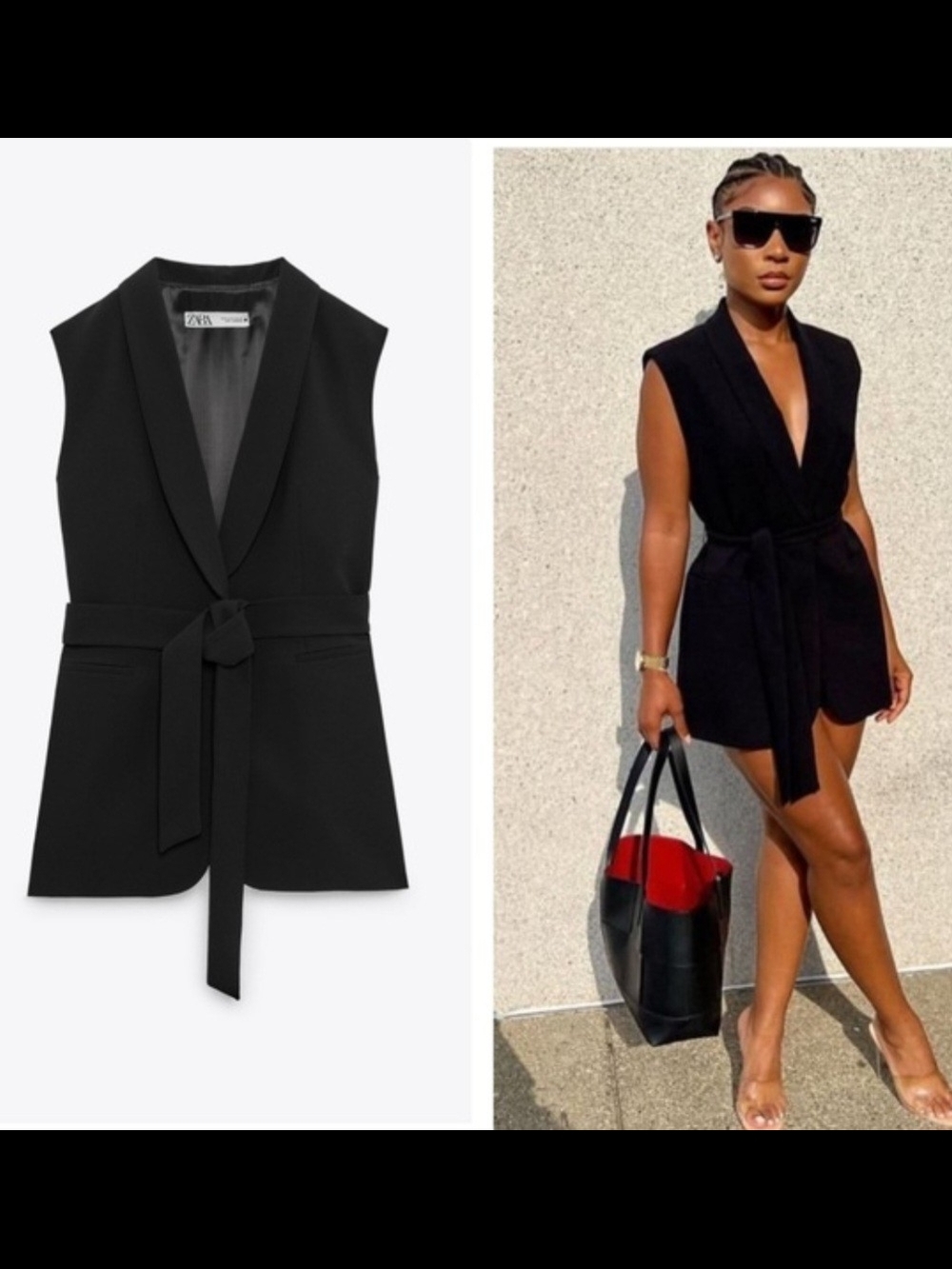 Sleeveless Black Belted Vest Jacket - Zara